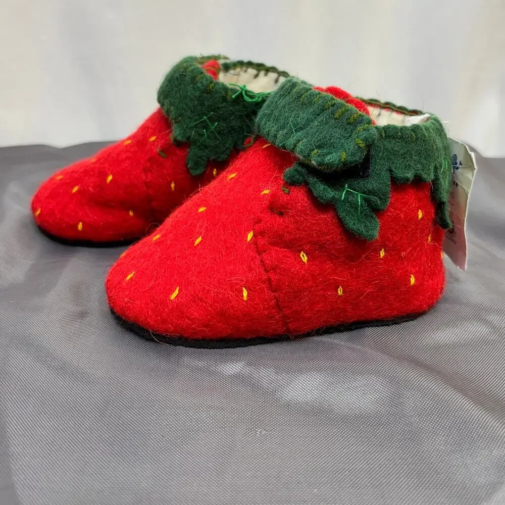 Red Strawberry Wool Toddler Booties 1-2 Yr Soft Breathable Slipper